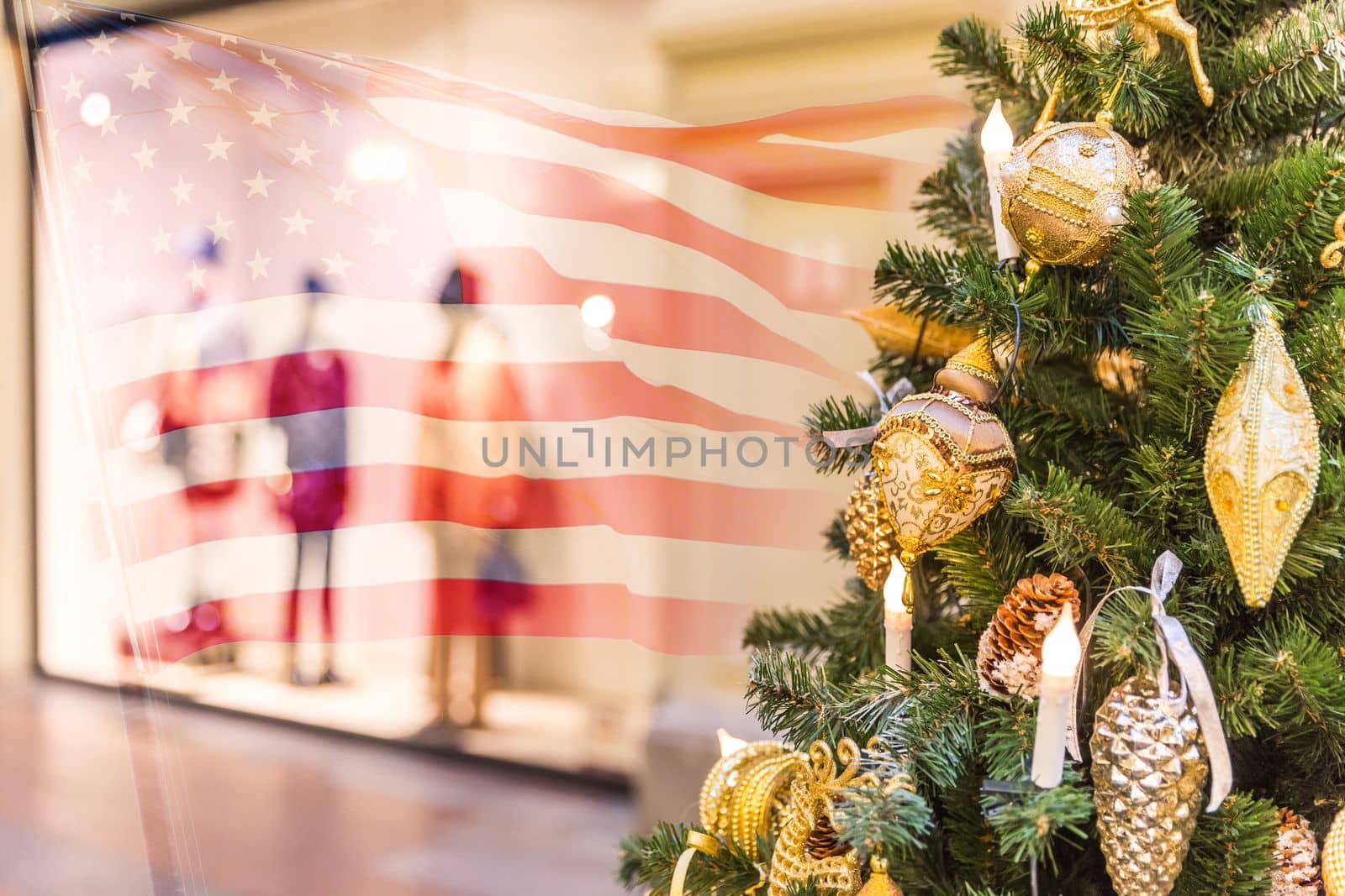 Christmas tree decoration in shopping mall with usa flag by Mariakray