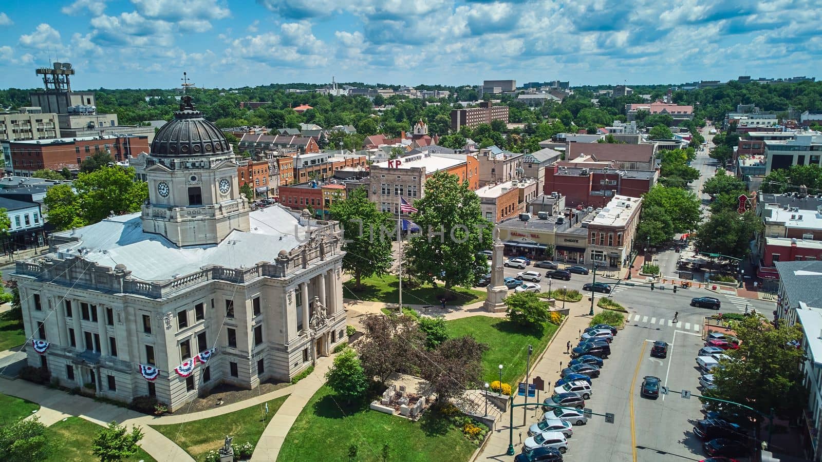 Bloomington Indiana downtown The Square with courthouse aerial by njproductions