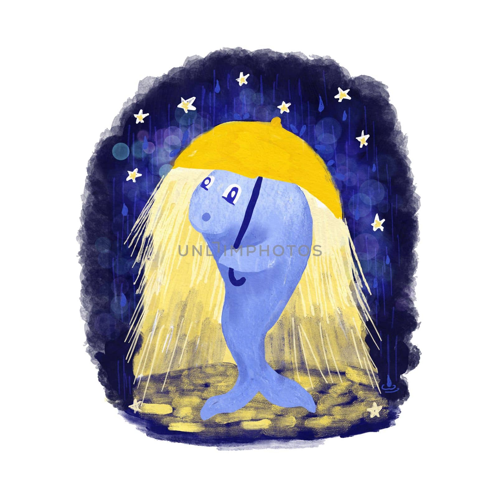 Hand drawn illustration of cute blue whale standing with yellow umbrella in night rain stars. Funny cartoon character for kids children cards poster greeting, kawaii happy print for nursery decoration. by Lagmar
