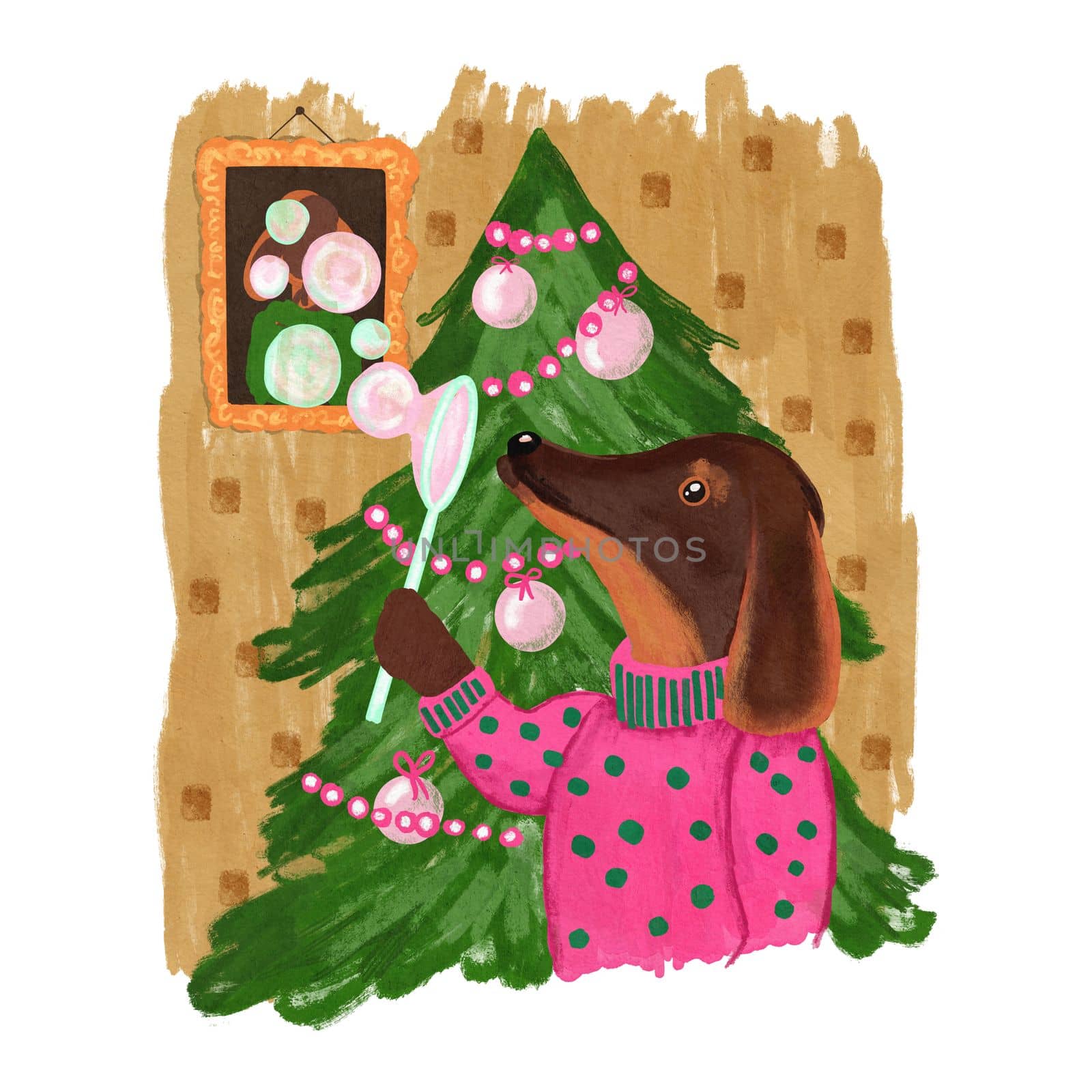 Hand drawn illustration of dog dachshund in pink sweater near christmas tree in home room interior. Cute character winter design for poster invitation card, funny print for children kids merry december decorative art. by Lagmar