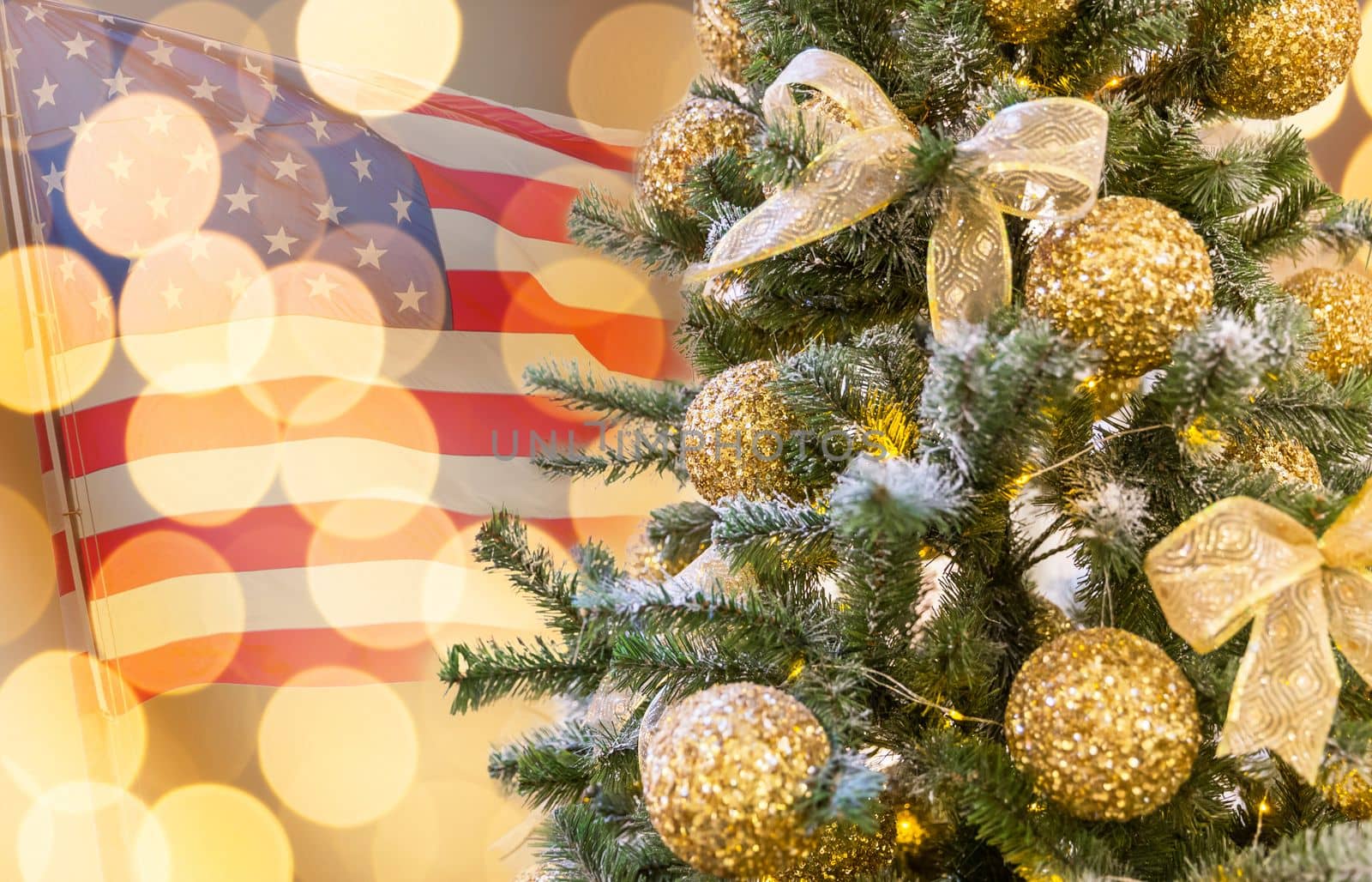 Christmas tree decoration in shopping mall with american flag on background by Mariakray
