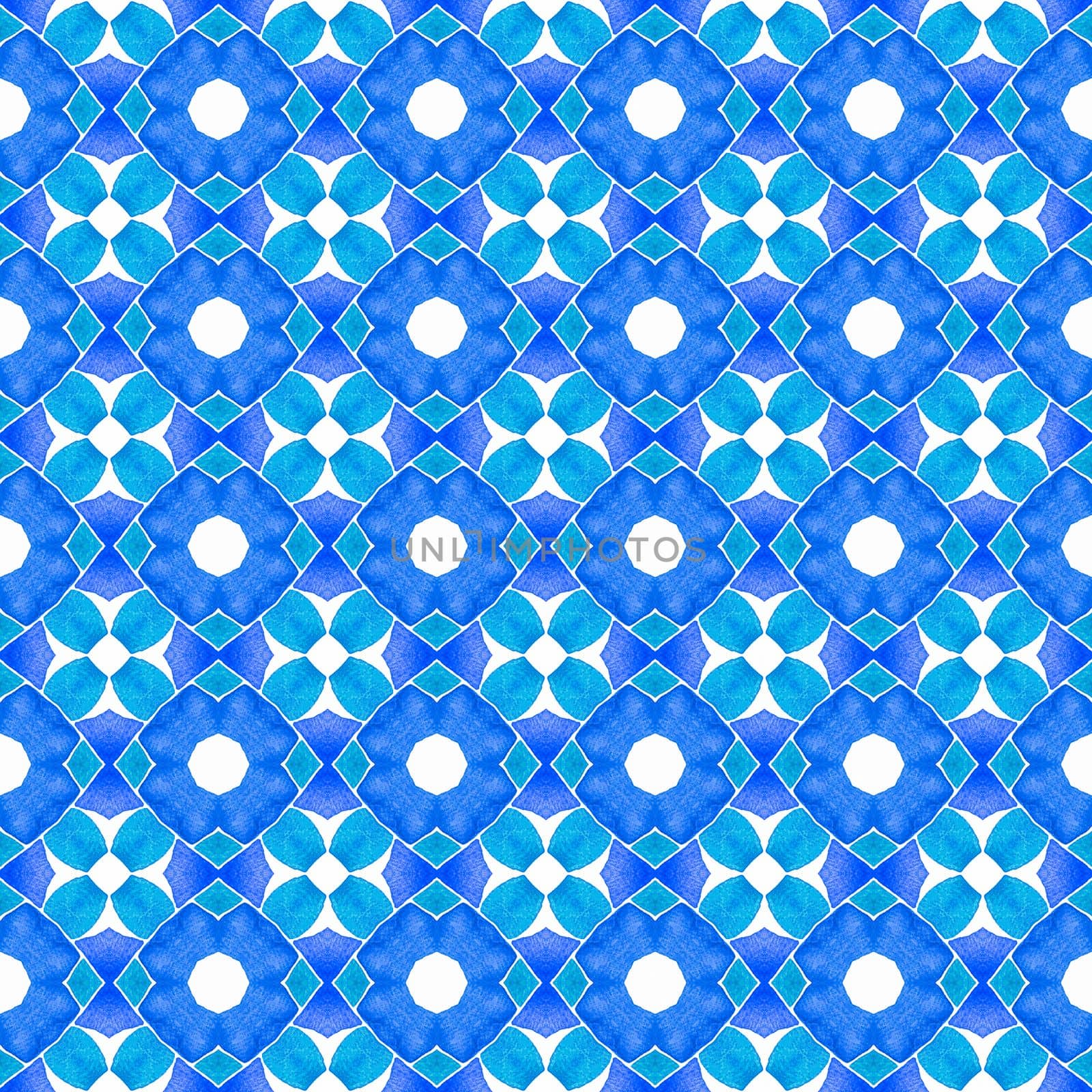 Textile ready modern print, swimwear fabric, wallpaper, wrapping. Blue fresh boho chic summer design. Watercolor ikat repeating tile border. Ikat repeating swimwear design.