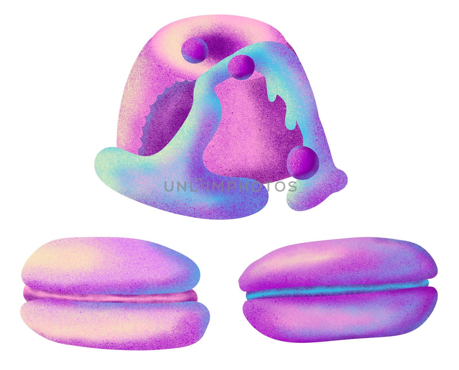 Hand drawn illustration of pastel sweet dessert pastry candy macaroon cupcake. Purple pink holographic dreamy tasty party food, bright trendy baking bakery recipe design