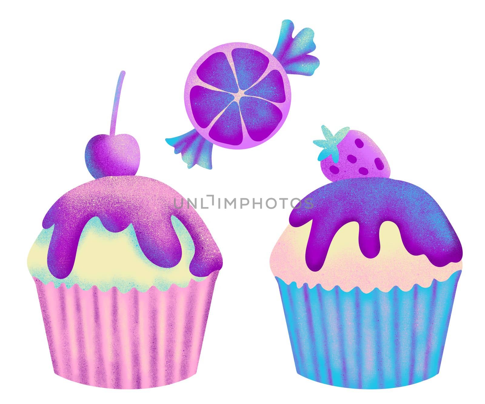 Hand drawn illustration of pastel sweet dessert pastry citrus candy cupcake with cherry strawberry. Purple pink holographic dreamy tasty party food, bright trendy baking bakery recipe design by Lagmar