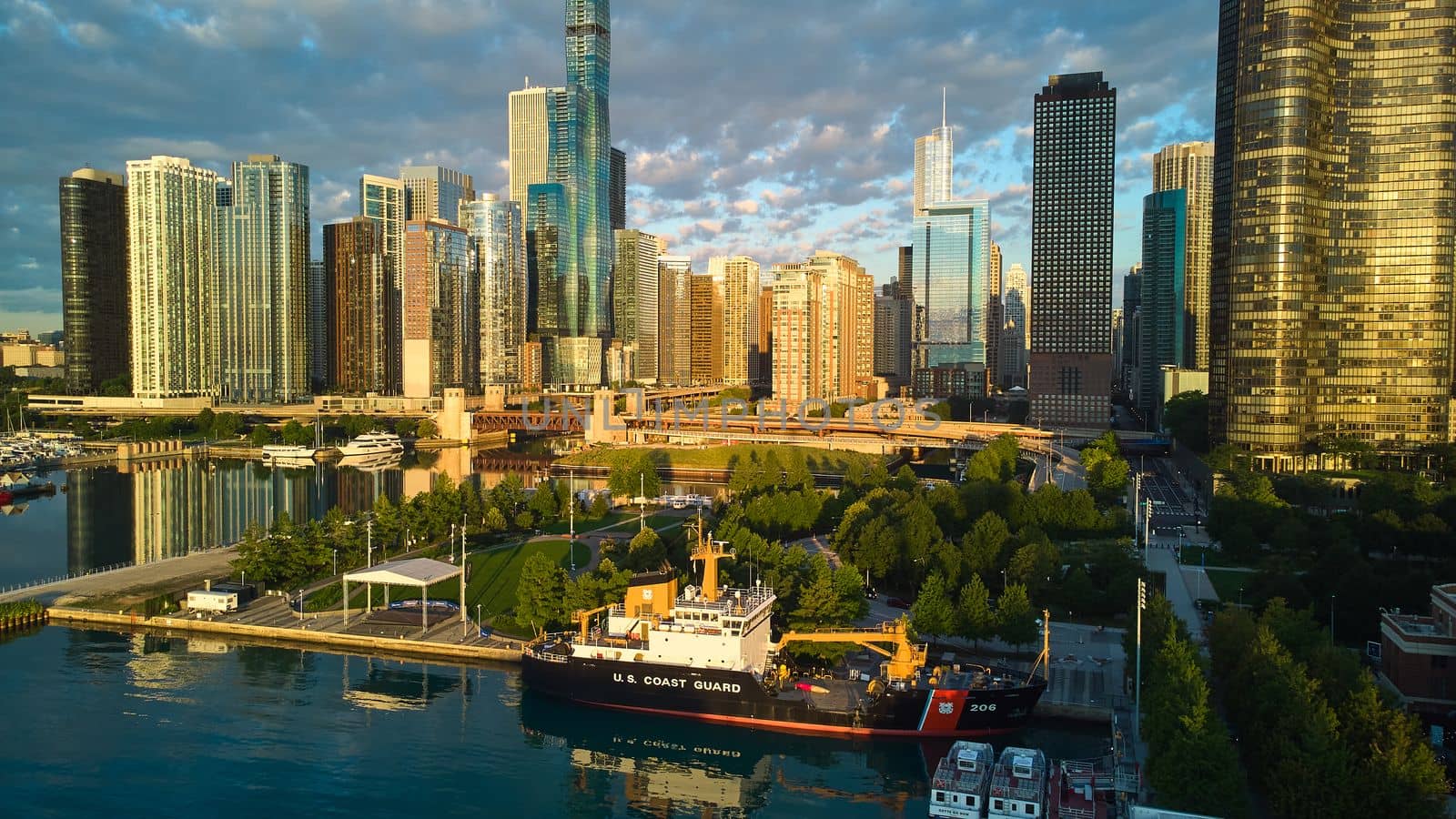 Image of U.S Coastguard on Navy Pier in Chicago with stunning skyline in morning light