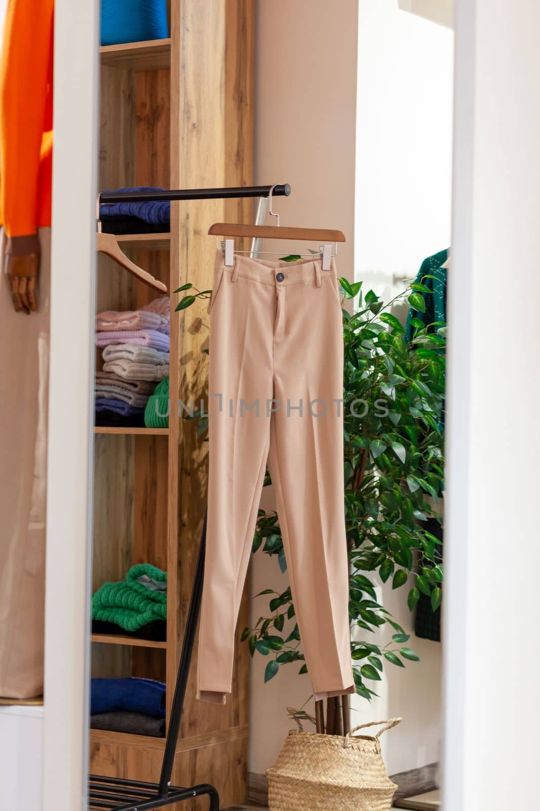 Colorful women's dresses, jackets, trousers and other clothes on hangers in a retail store. The concept of fashion and shopping. Women's clothing boutique.