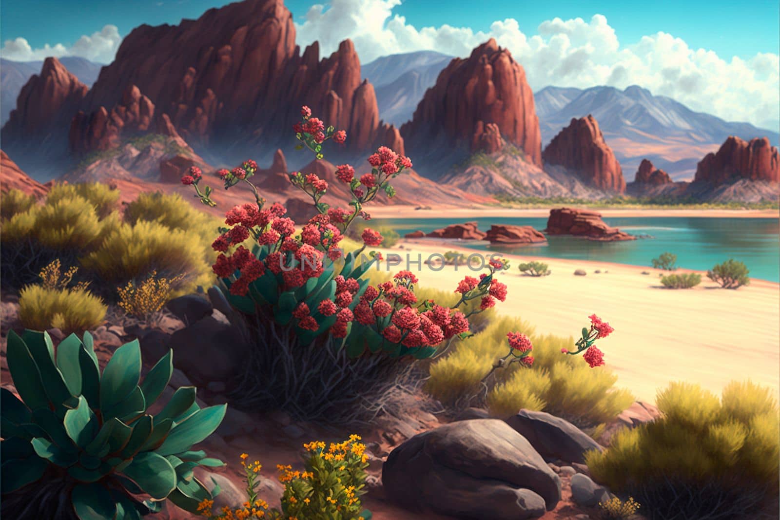 desert with mountains, cacti, bushes by NeuroSky