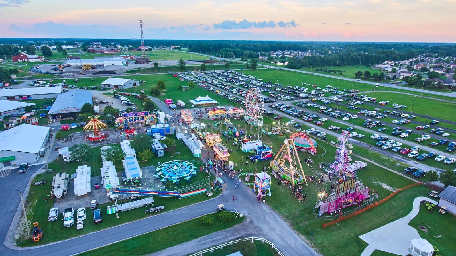 Image of Carnival aerial during dusk in midwest America county fair