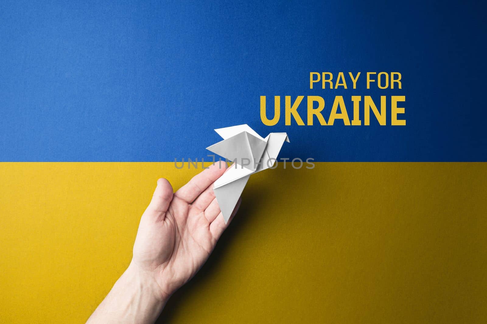 hand releases white paper dove against background of yellow and blue flag of ukraine with words pray for Ukraine