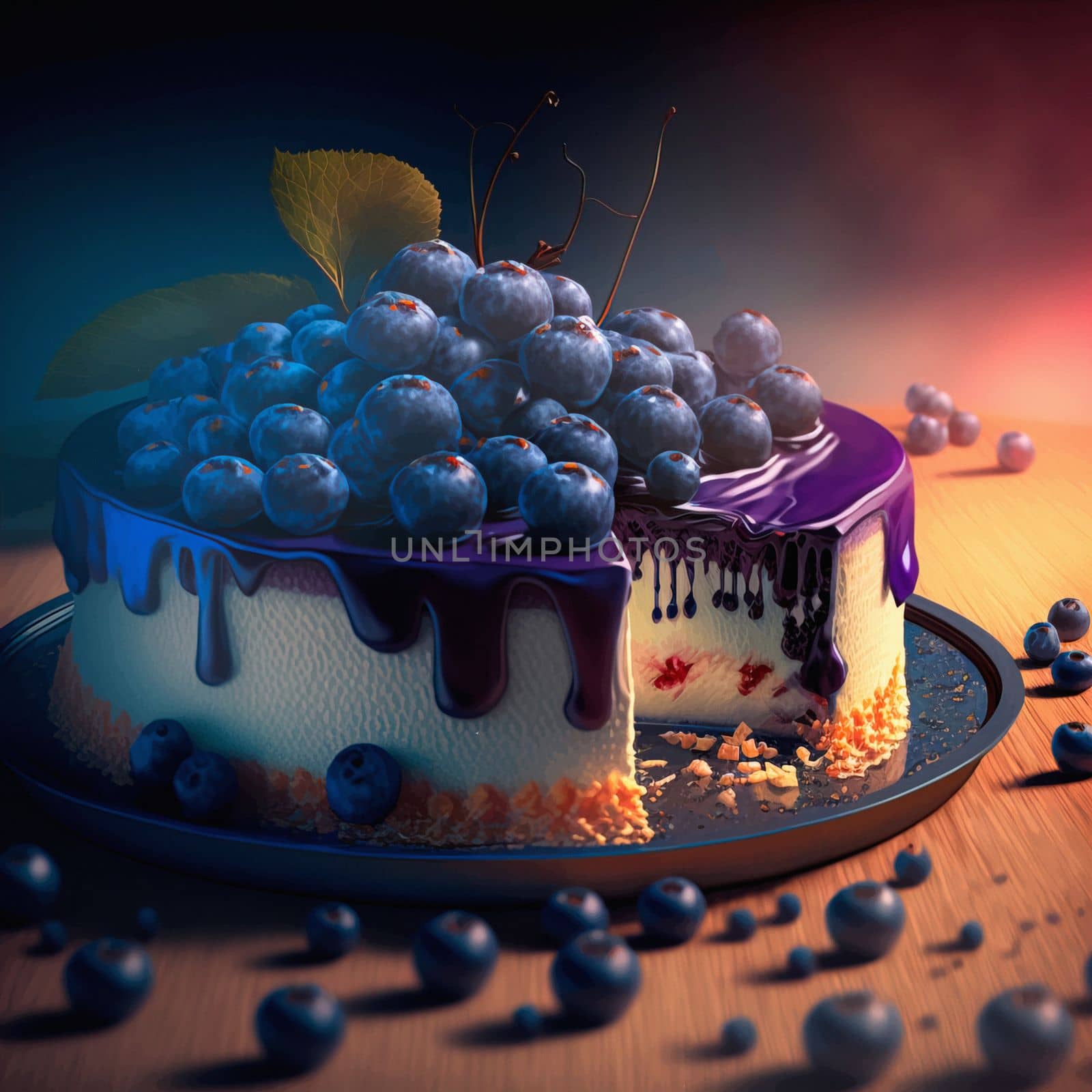 A slice of delicious blueberry cheesecake with fresh blueberries by igor010
