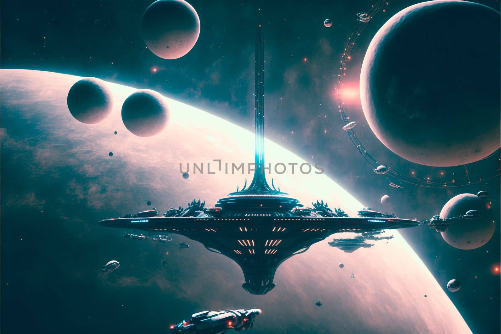 intergalactic spaceships on the background of planets and space by NeuroSky