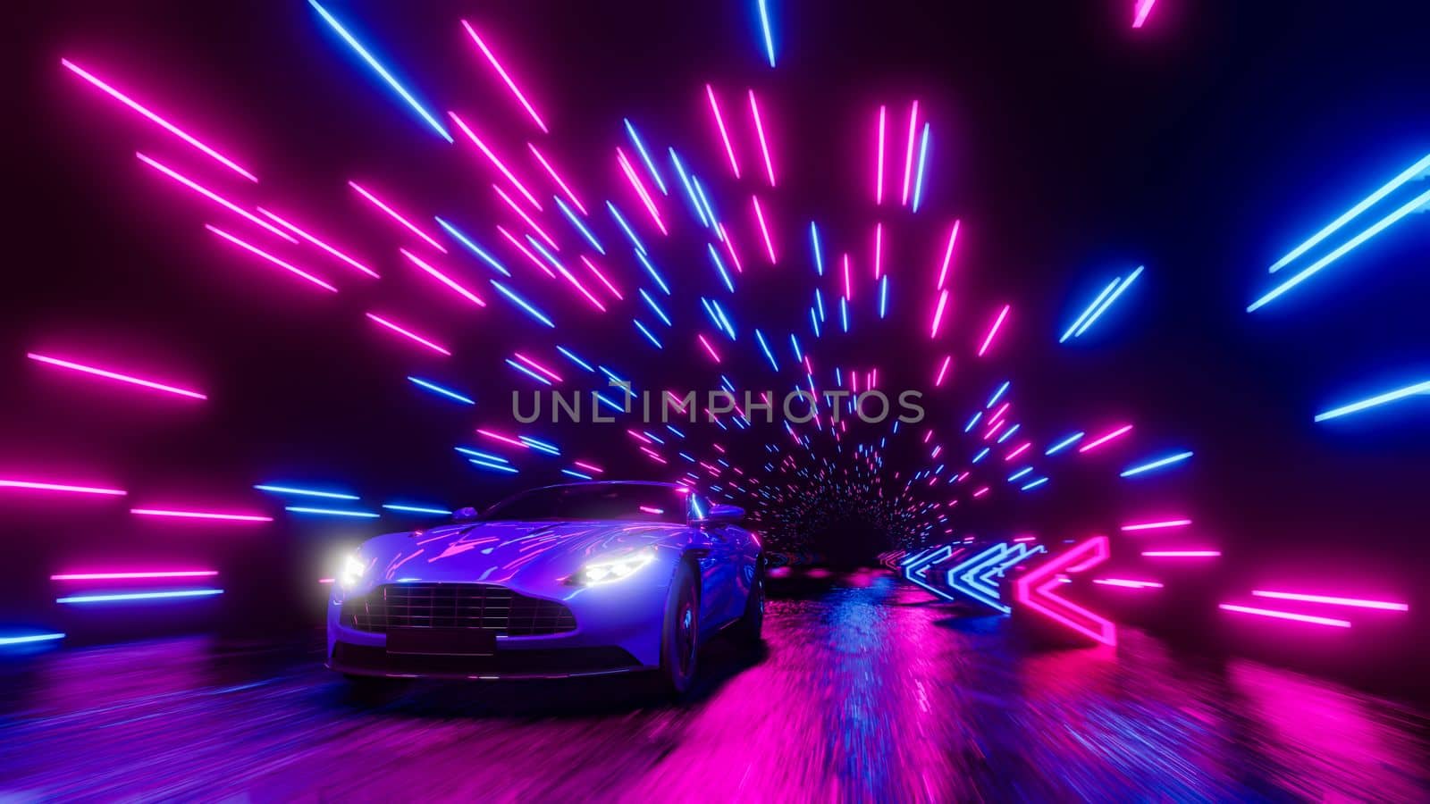 A sports car with its headlights on is racing down a night road. 3D rendering illustration..