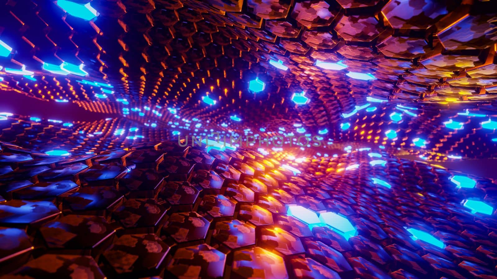 Flying through a tunnel with waves and neon light. 3D rendering illustration..