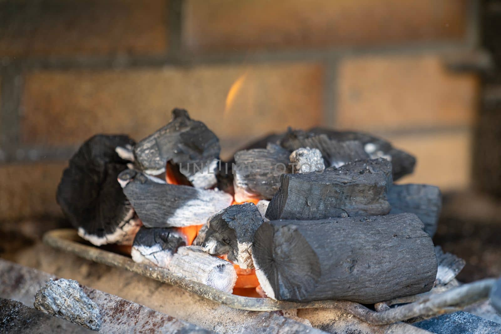 Close up of wood burning for home barbacue.