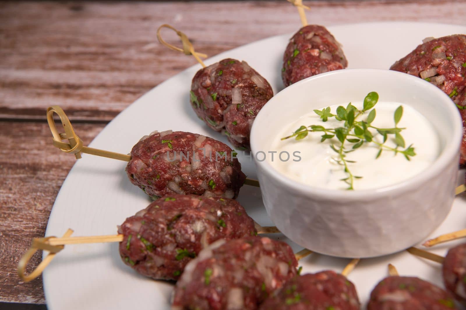 Recipe of kefta, beef skewer, Traditional homemade, with Greek yoghurt sauce, garlic, savory, Arabic and Libanese food, High quality photo