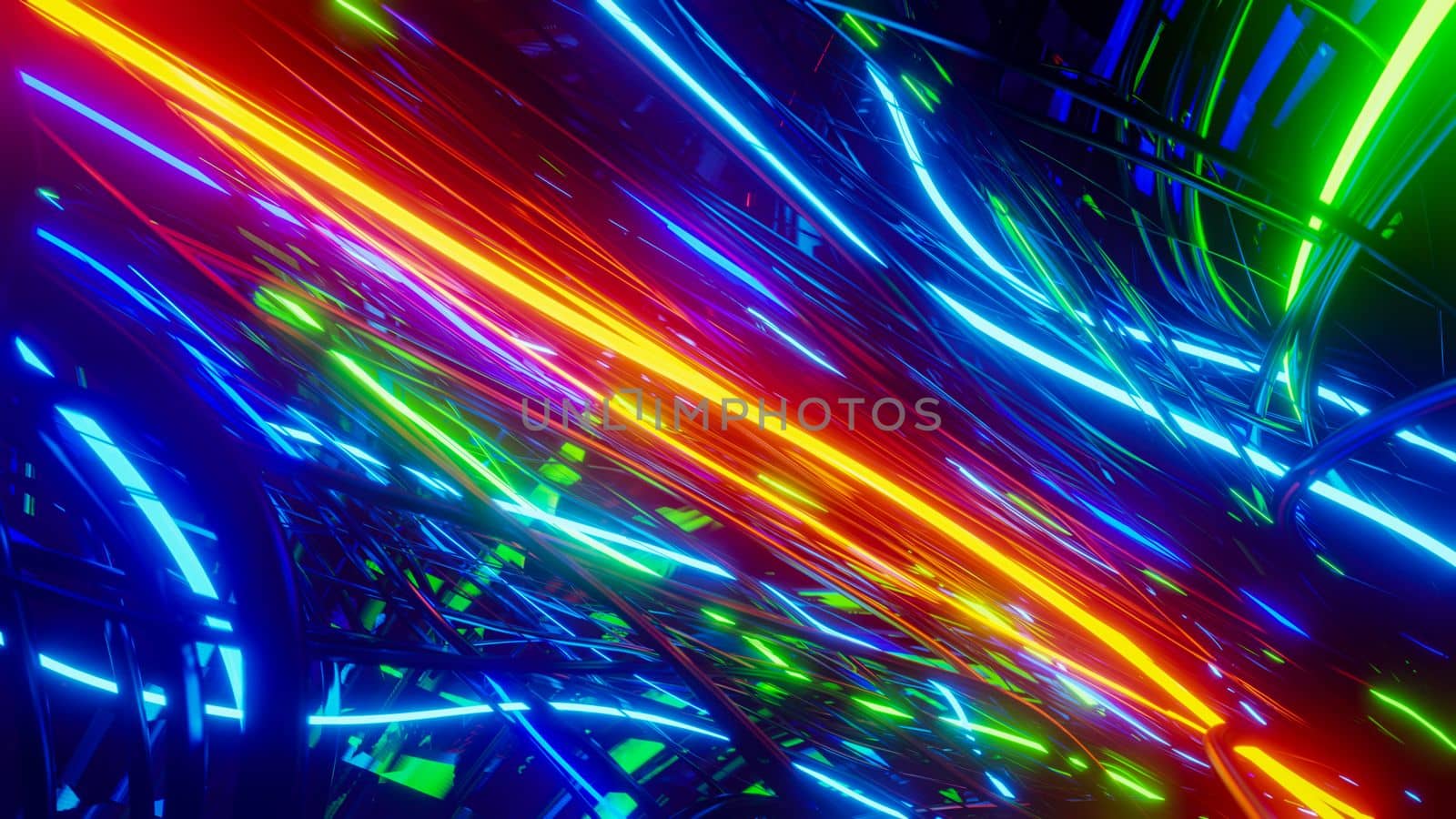 Flying inside multicolored optical cables. 3D rendering illustration..