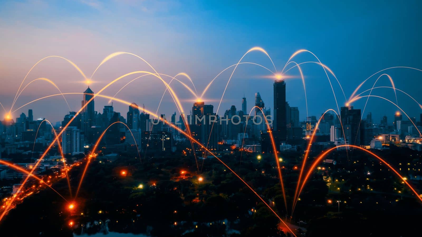 Smart digital city with connection network reciprocity over the cityscape . Concept of future smart wireless digital city and social media networking systems that connects people within the city .