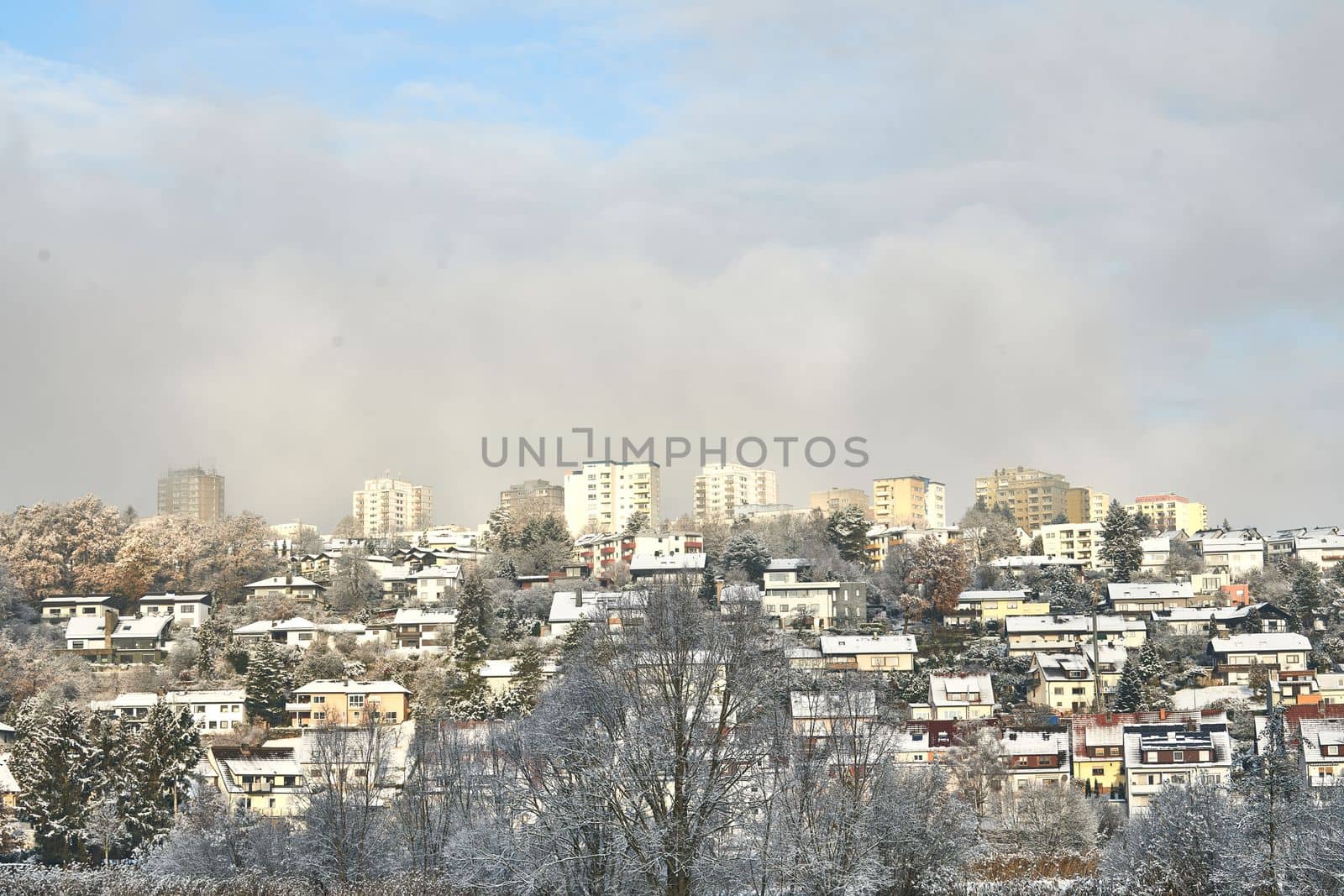 snow covered the city of Fulda. Pictured are Aschenberg Horas and Niesig part of the city of Fulda in Hesse Germany in winter in December 2022. by Costin