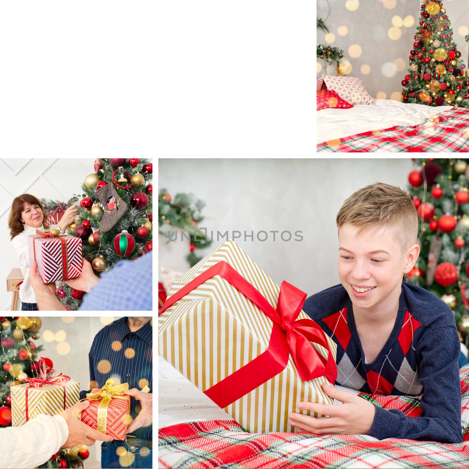 Card collage of different Christmas photos. Beautiful christmas collage made from four photos with copy space