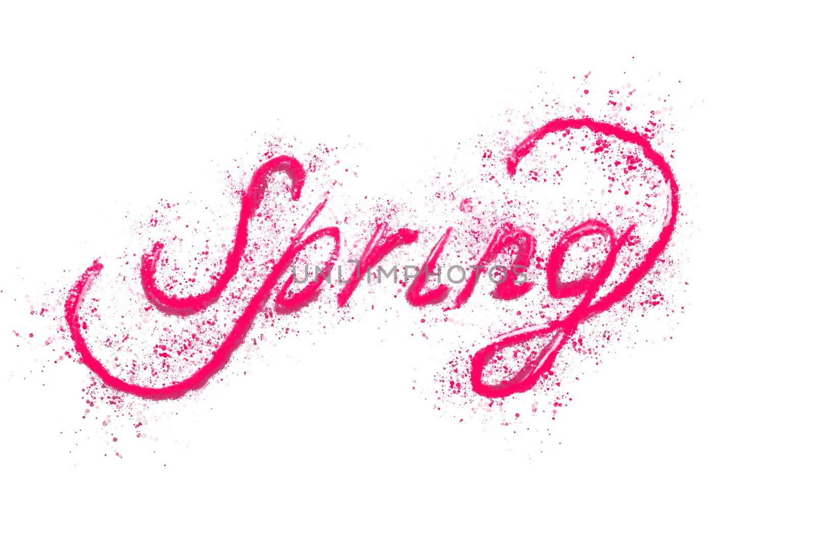 Colorful inscription spring. Painted with pink watercolor brushes.
