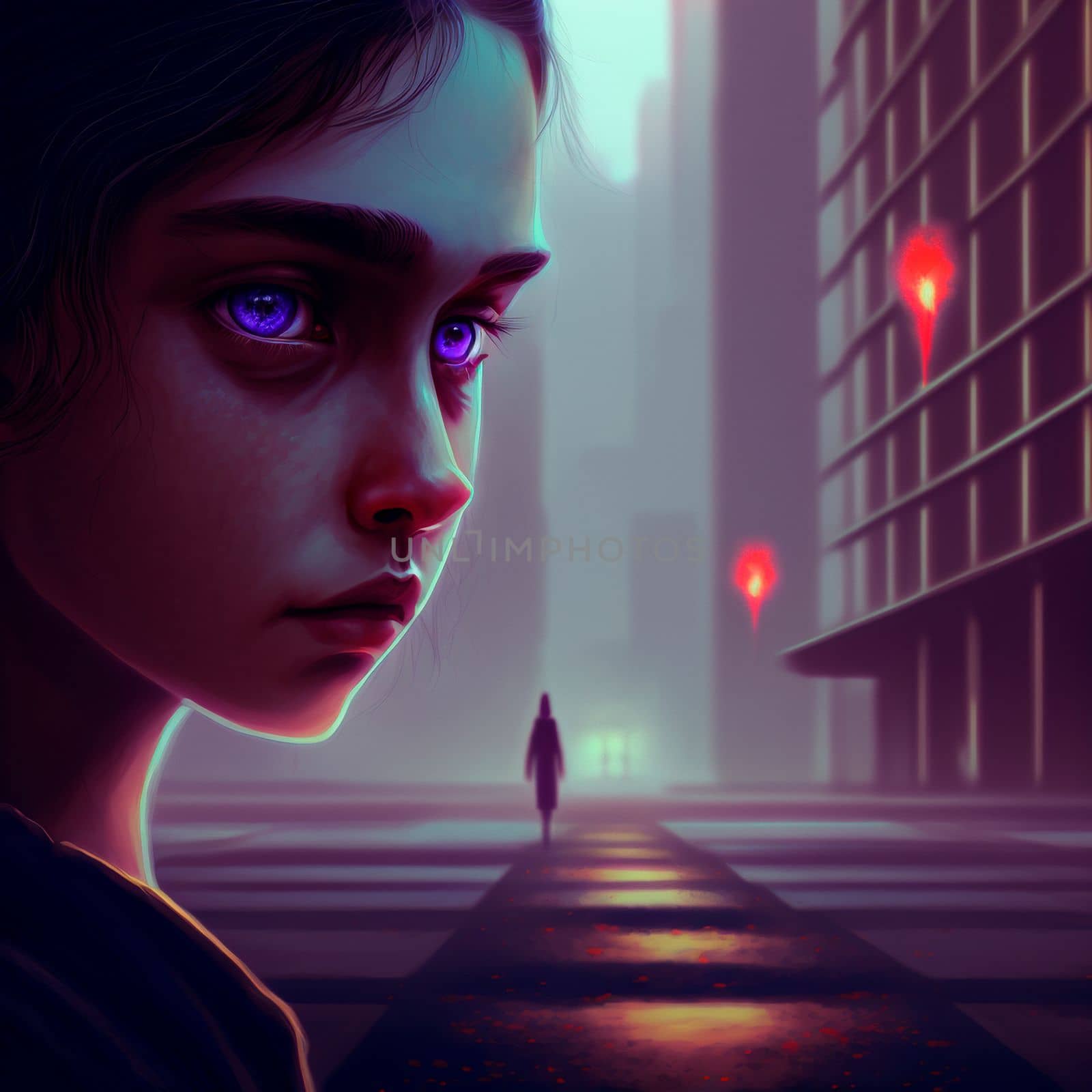 A girl's face against the background of a gloomy dystopian city by NeuroSky