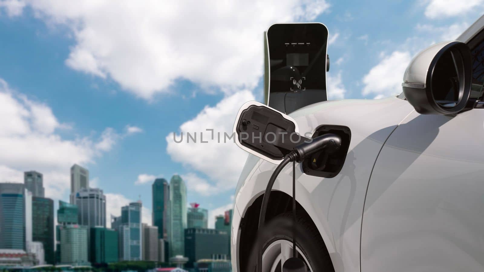 Eco friendly progressive clean energy concept with EV car with cityscape scenery by biancoblue