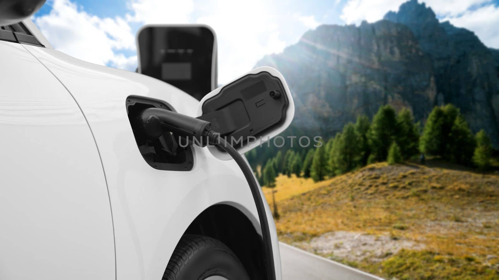 Progressive travel concept by EV car in remote mountain with charging station. by biancoblue