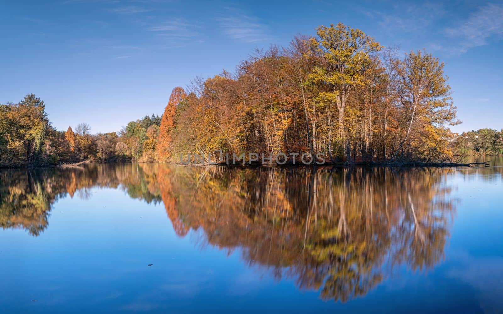 Panoramic image of beautiful and idyllic Bensberg Lake, Bergisch Gladbach, Germany