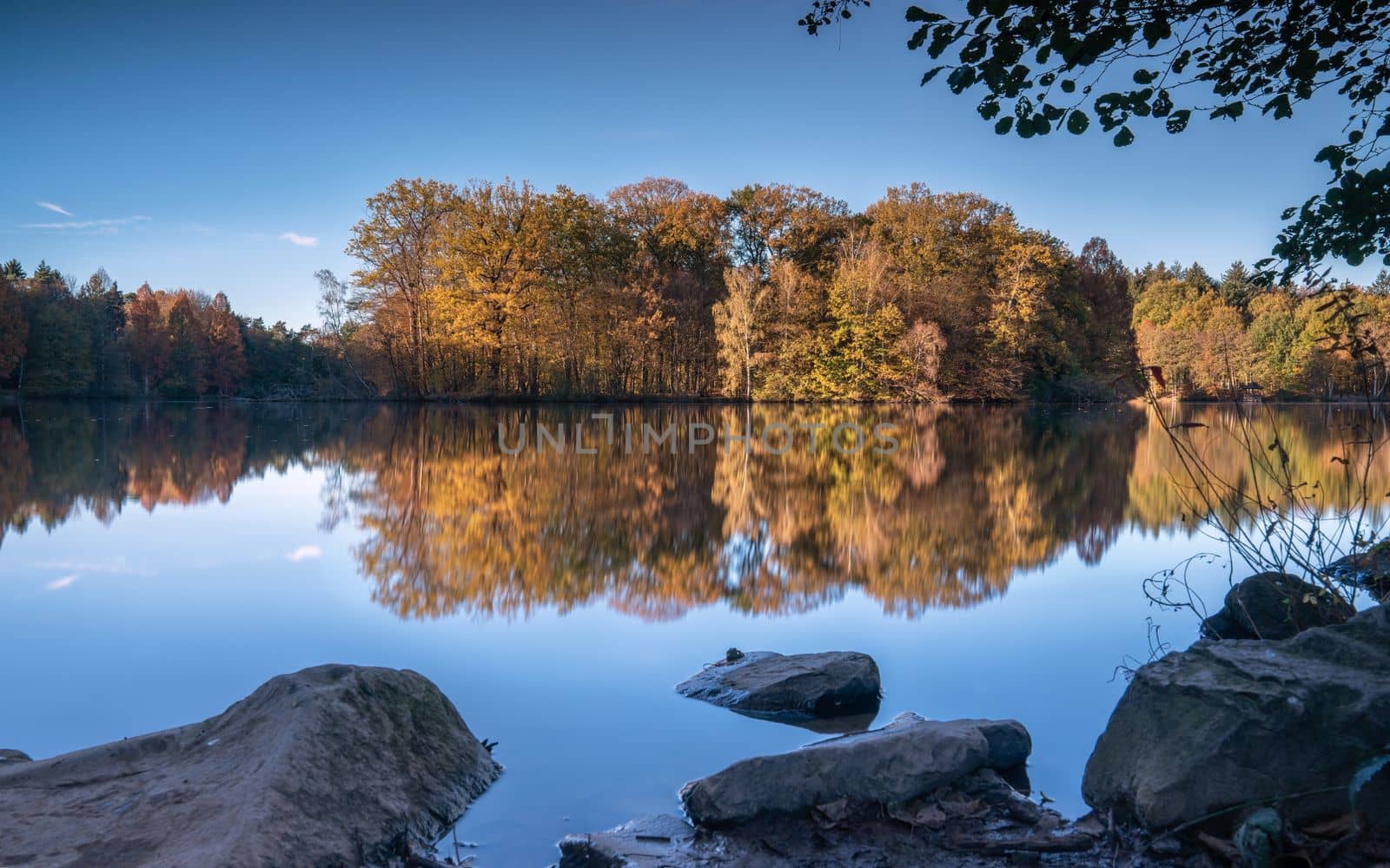 Panoramic image of beautiful and idyllic Bensberg Lake, Bergisch Gladbach, Germany