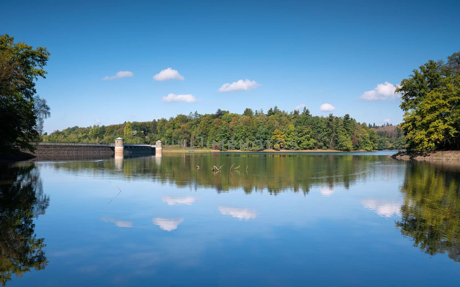 Panoramic image of Neye lake close to Wipperfurth on an early morning during autumn, Bergisches Land, Germany