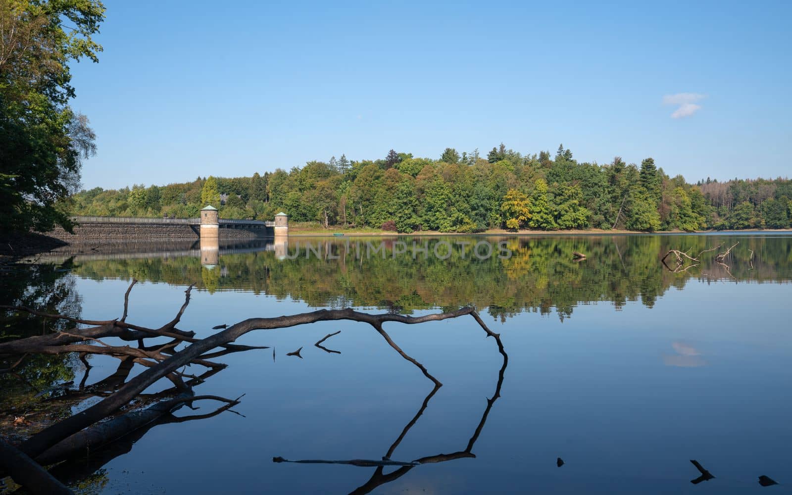 Panoramic image of Neye lake close to Wipperfurth on an early morning during autumn, Bergisches Land, Germany