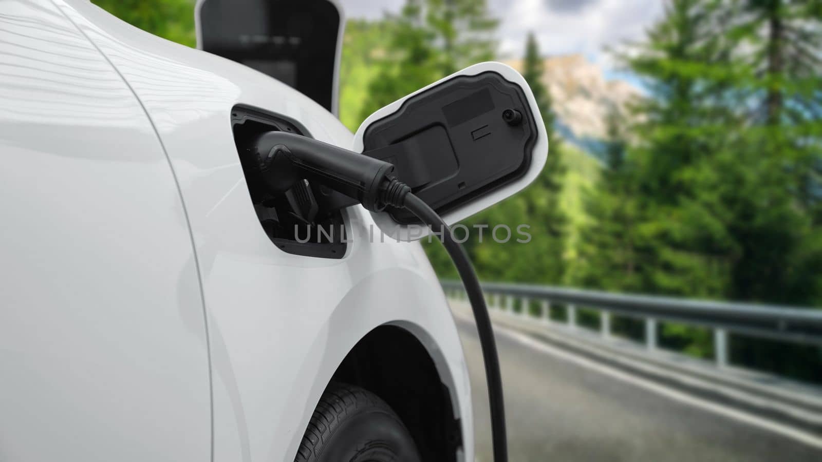 Progressive travel concept of electric vehicle stop to recharge energy from charging station at remote area before reach destination, EV car powered by renewable and clean energy for green environment