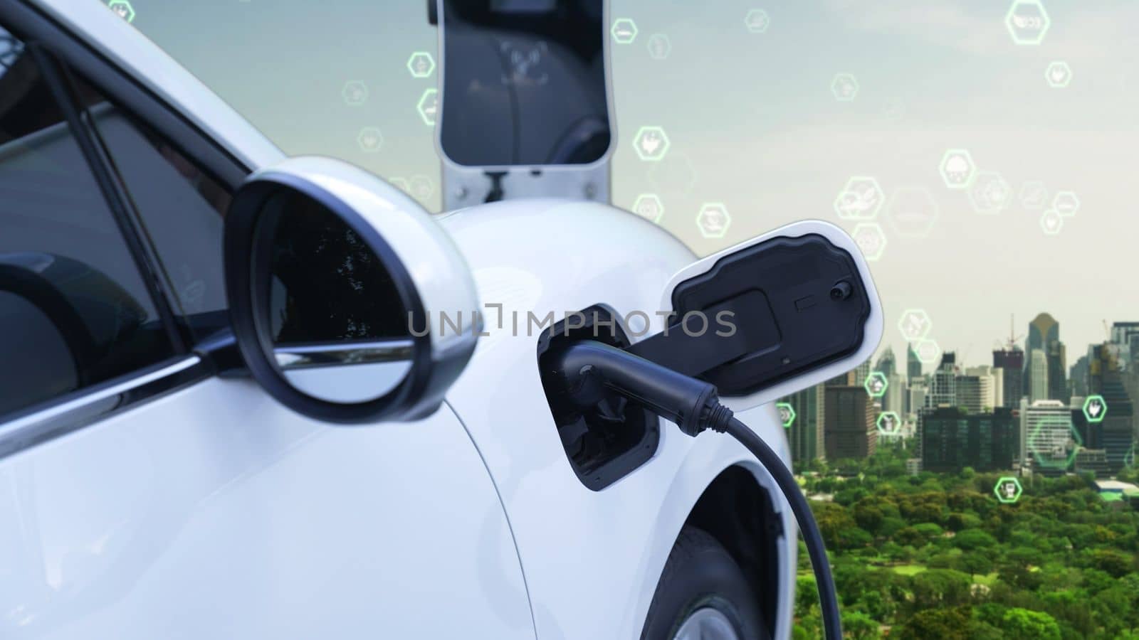 Progressive green city ESG symbol background with electric vehicle, EV car recharge energy at the charging point to increase environmental awareness with renewable energy powered transportation.