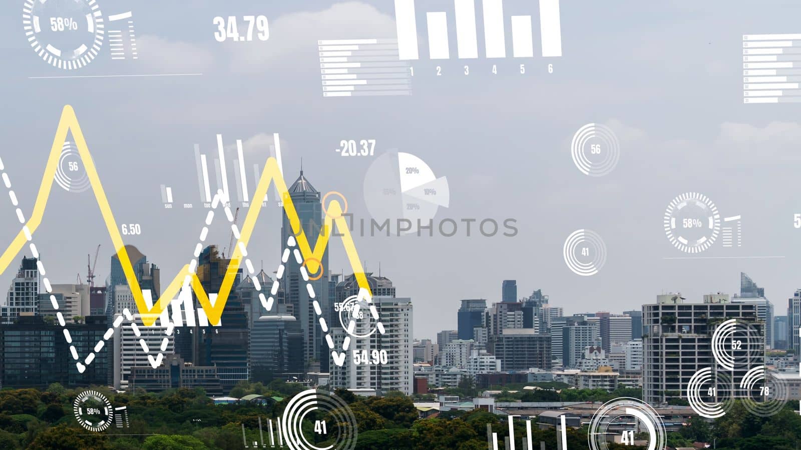 Business data analytic interface fly over smart city showing alteration future of business intelligence. Computer software and artificial intelligence are used to analyze big data for strategic plan .