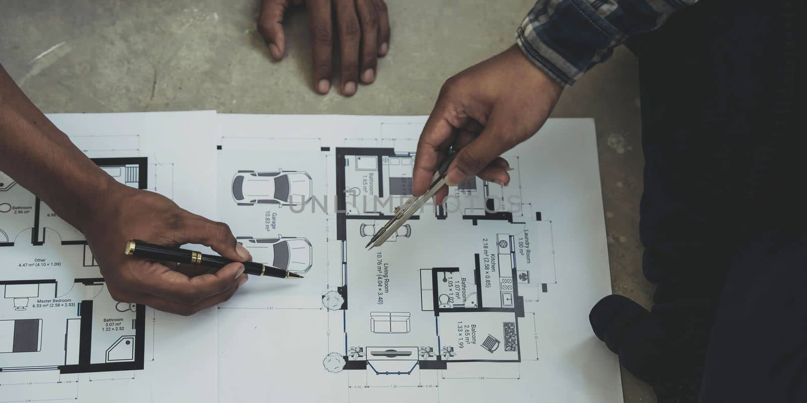 Engineer Teamwork Meeting, Drawing working on blueprint meeting for project working with partner on model building and engineering tools in working site, Construction and structure concept.