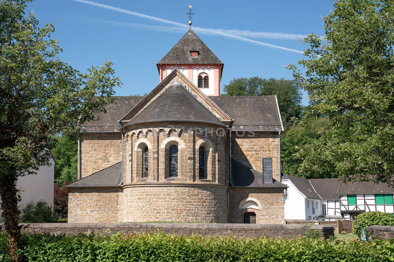 Center of village Odenthal with parish church and old buildings, Bergisches Land, Germany