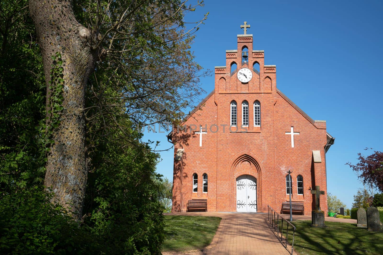 Panoramic image of new church of Pellworm, North Frisia, Germany