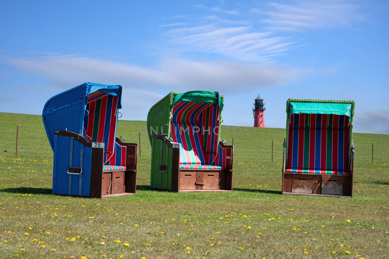 Panoramic image of the landscape along the dikes of Pellworm with beach chairs, North Frisia, Germany 