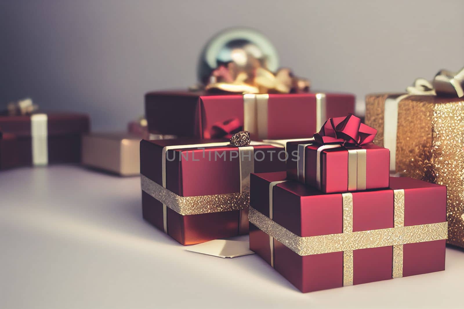Many gift boxes for merry christmas and new year 2023 spectacular celebration. Generative AI. 