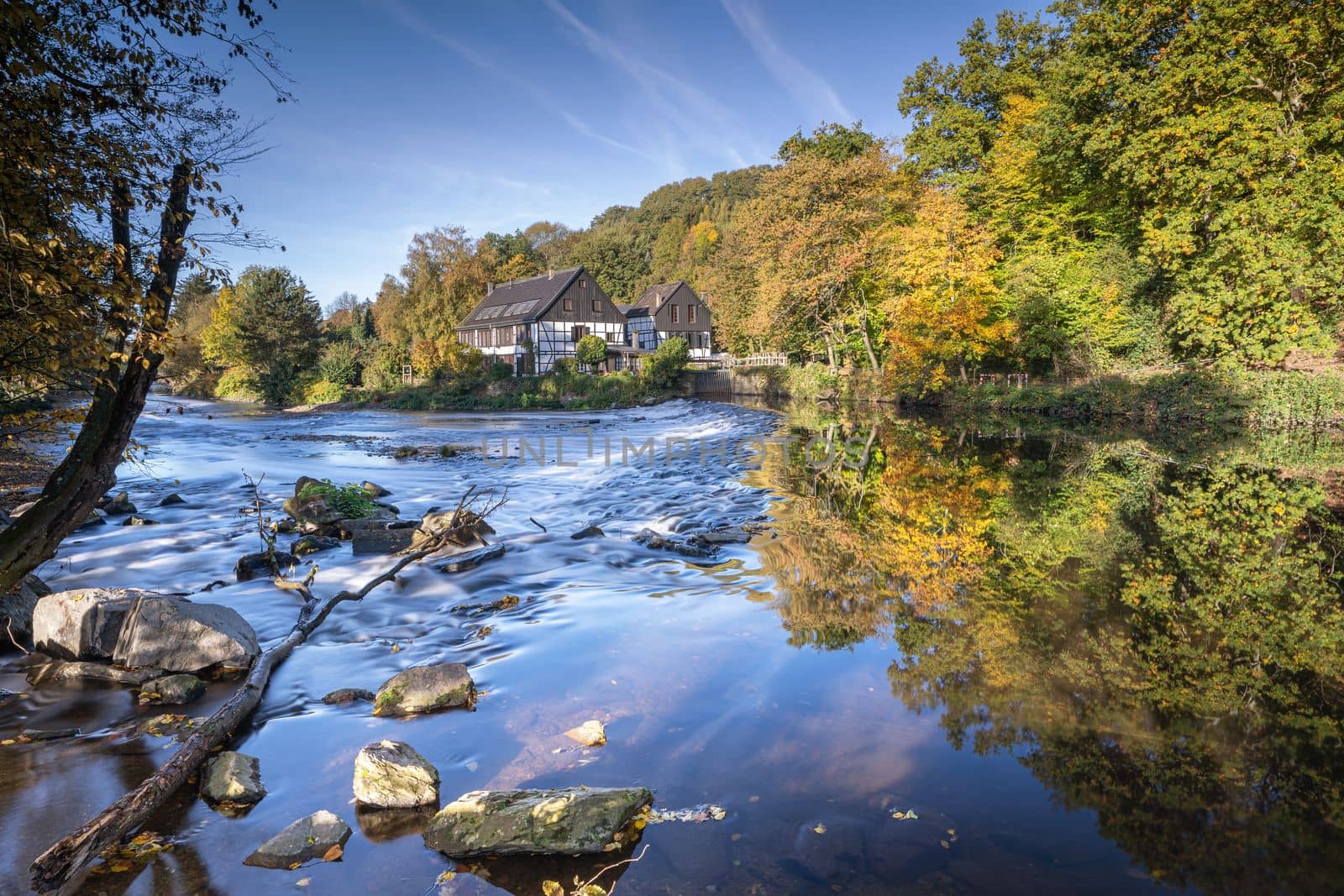 Panoramic image of the Wipperkotten close to the Wupper river during autumn, Solingen, Germany