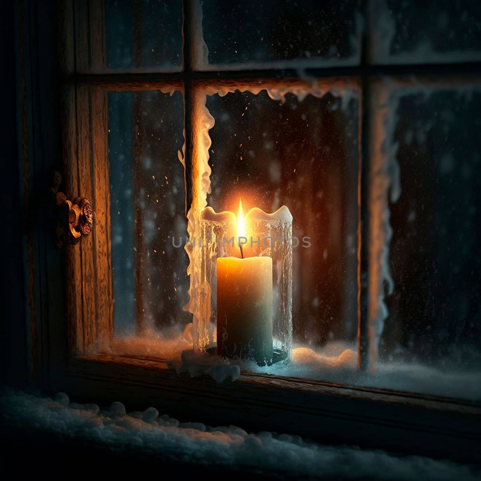 A candle in a glass by a frozen window. High quality illustration