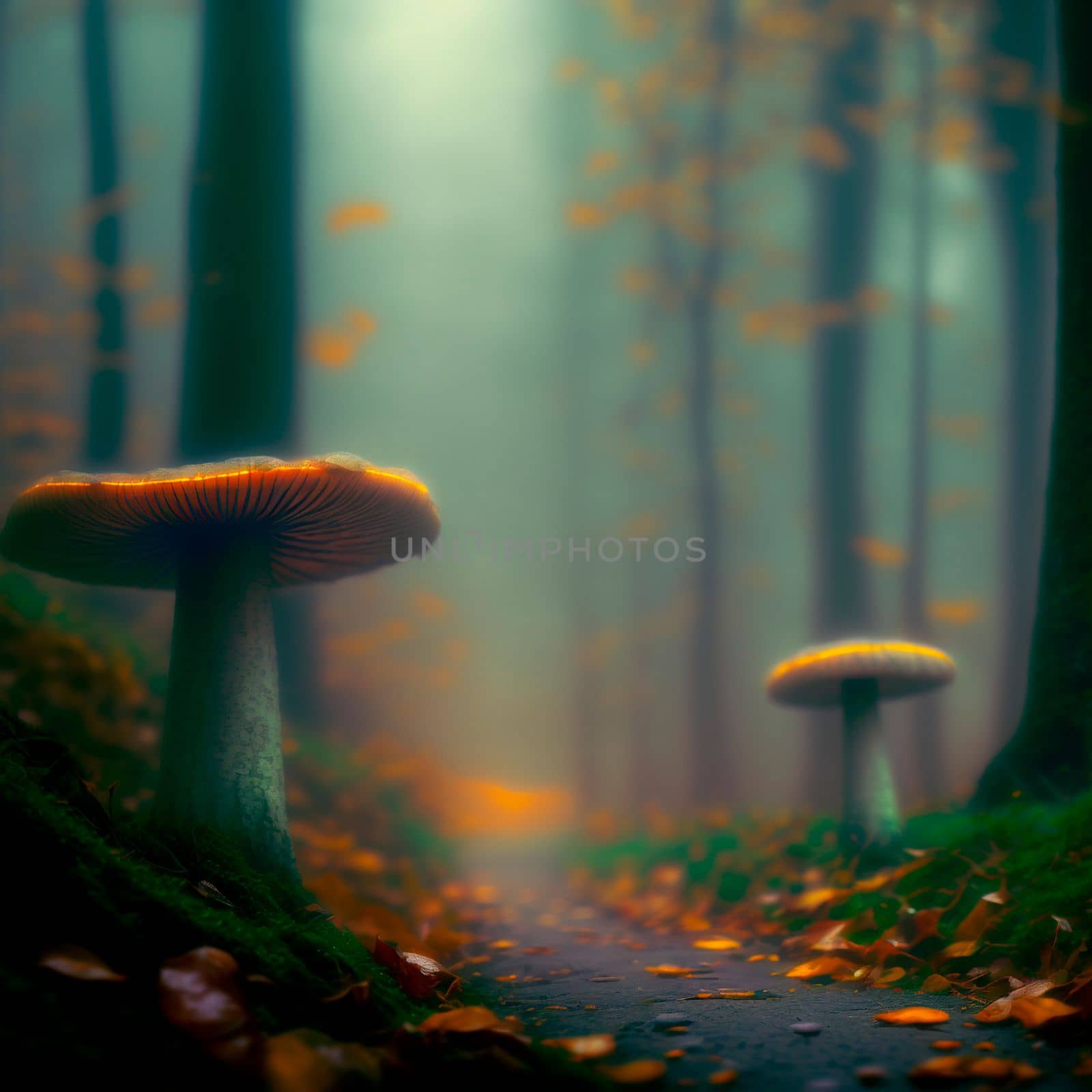 Large mushrooms that grow near the trail in a mysterious forest. High quality illustration