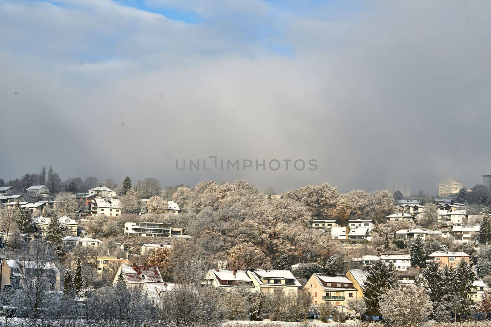 snow covered the city of Fulda. Pictured are Aschenberg Horas and Niesig part of the city of Fulda in Hesse Germany in winter in December 2022. by Costin