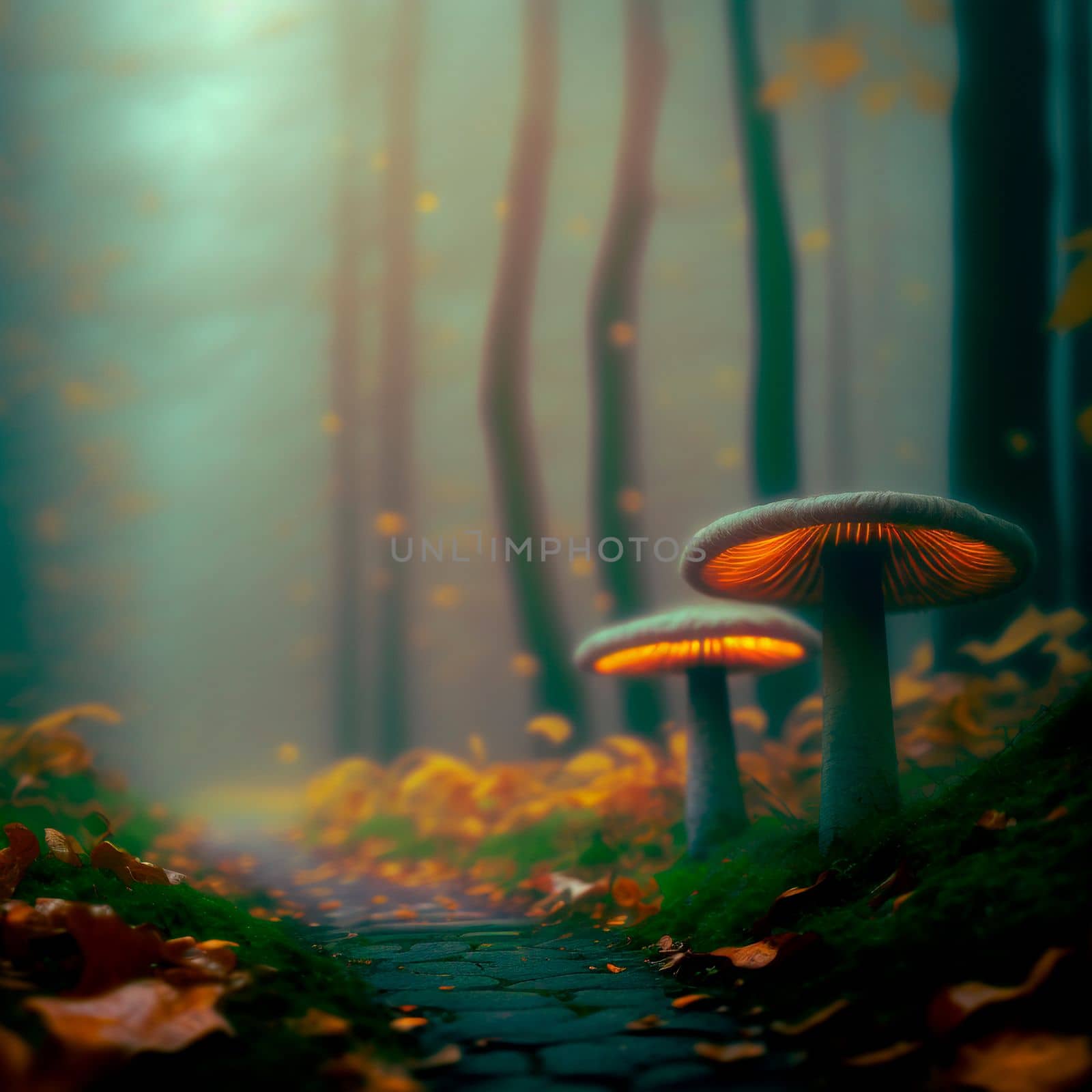 Large mushrooms that grow near the trail in a mysterious forest by NeuroSky