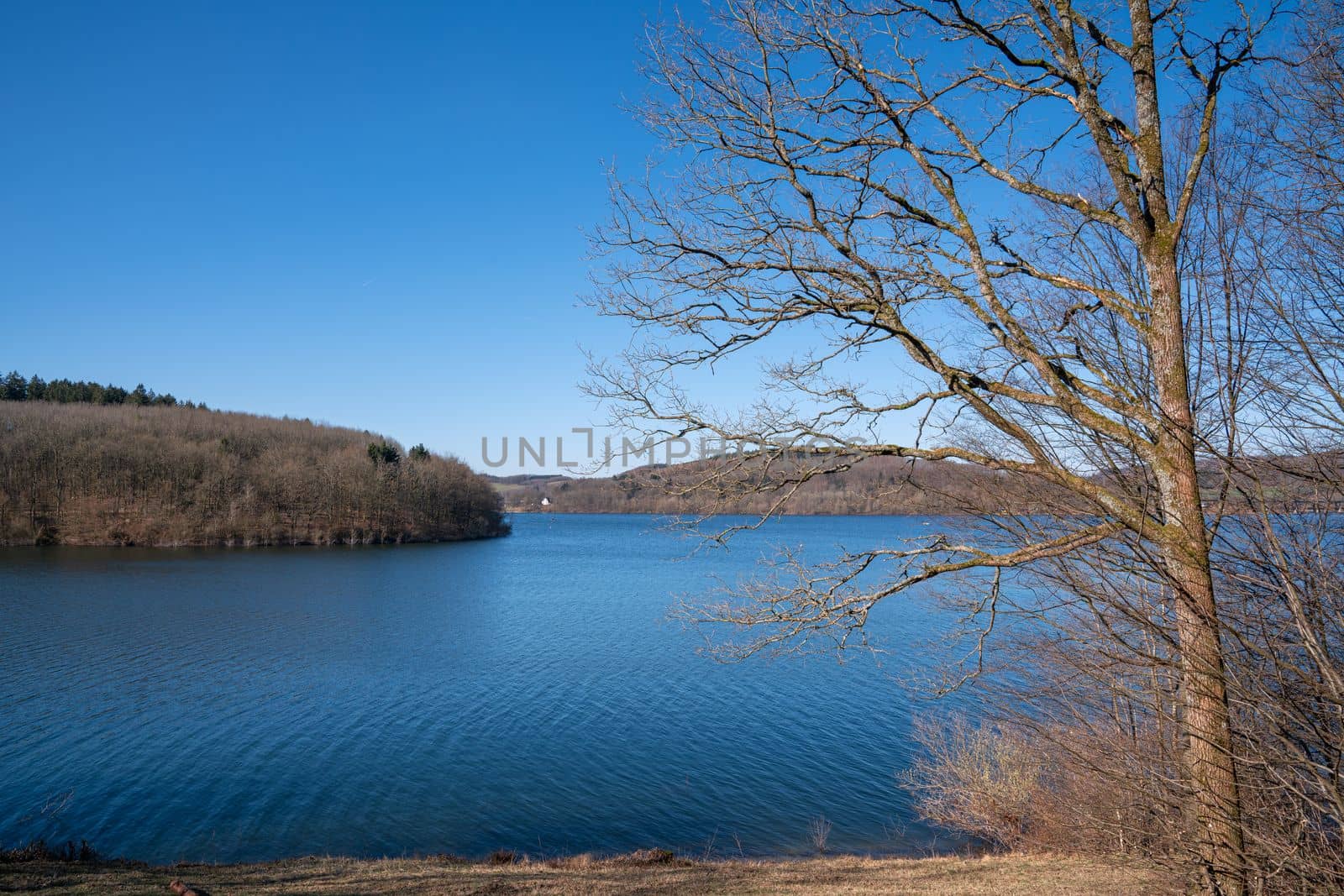 Panoramic landscape of Ronsdorfer reservoir at summertime, recreation and hiking area of Bergisches Land, Germany