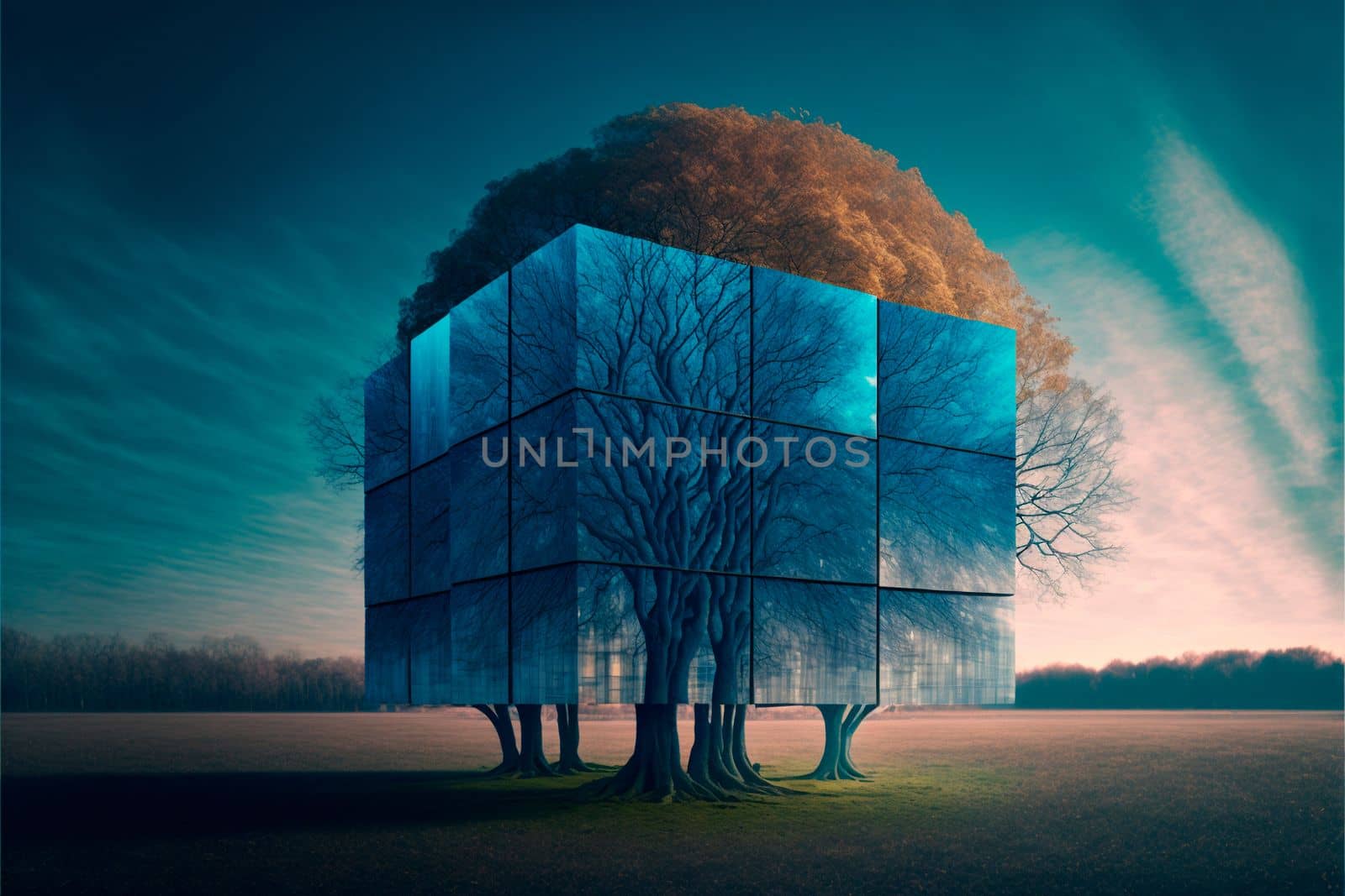 A mighty tree in the fields is shielded by a wall of blue squares. Abstraction by NeuroSky