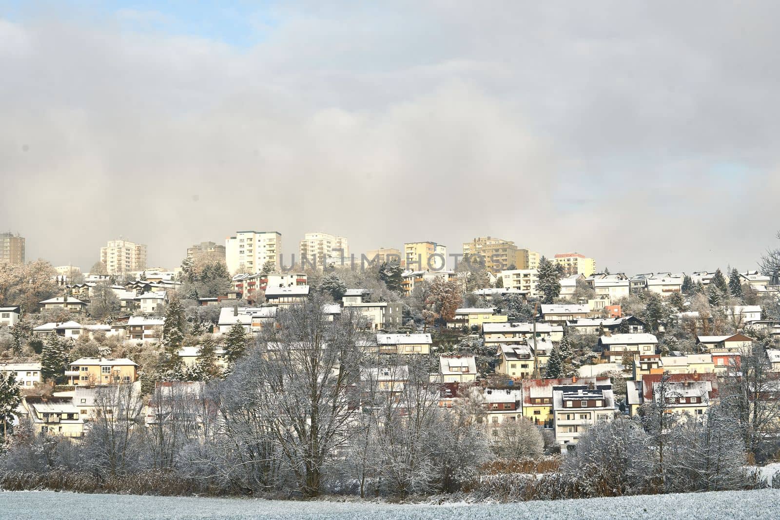 snow covered the city of Fulda. Pictured are Aschenberg Horas and Niesig part of the city of Fulda in Hesse Germany in winter in December 2022. by Costin