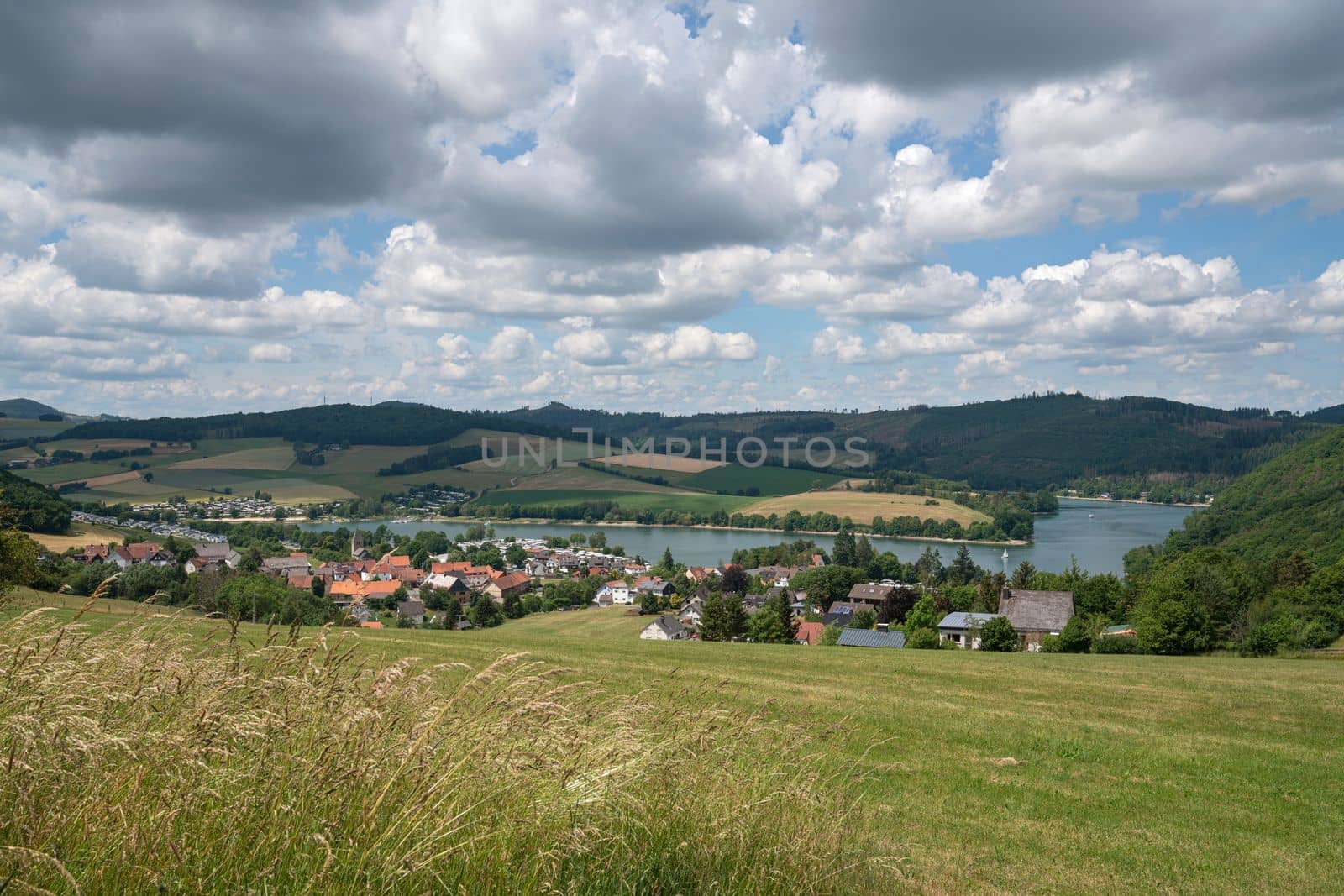 Panoramic image of Lake Diemel, Sauerland, Germany
