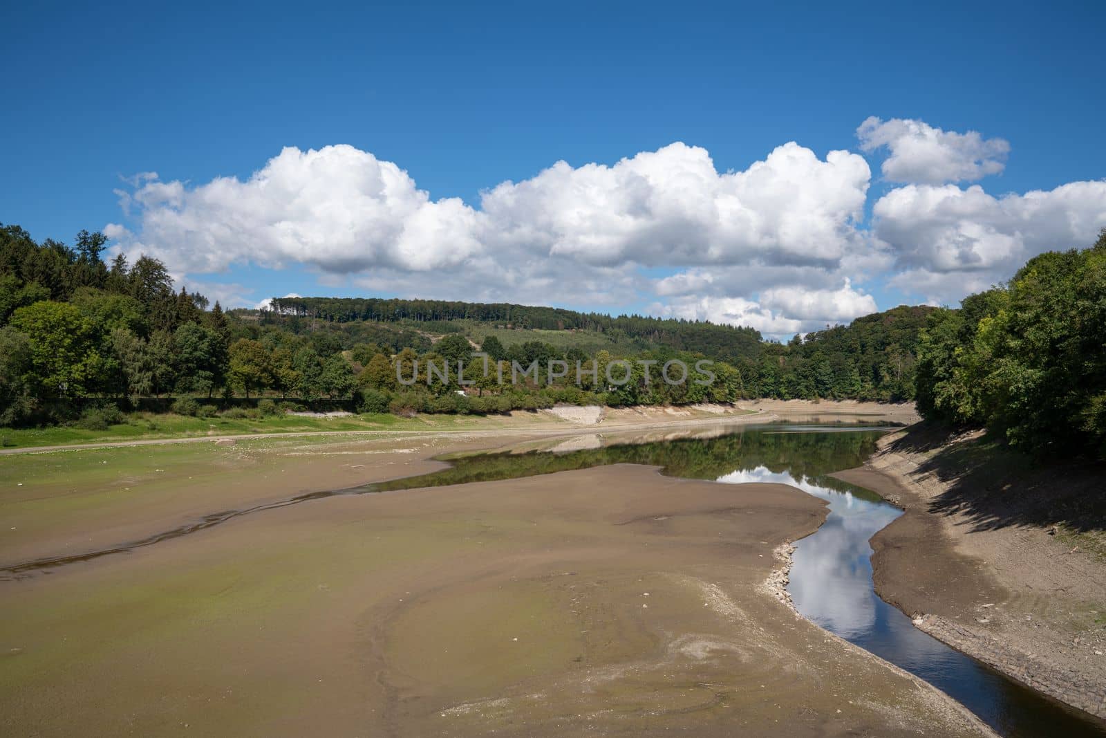 Drought in Germany, low water in Henne lake, Sauerland, Germany by alfotokunst