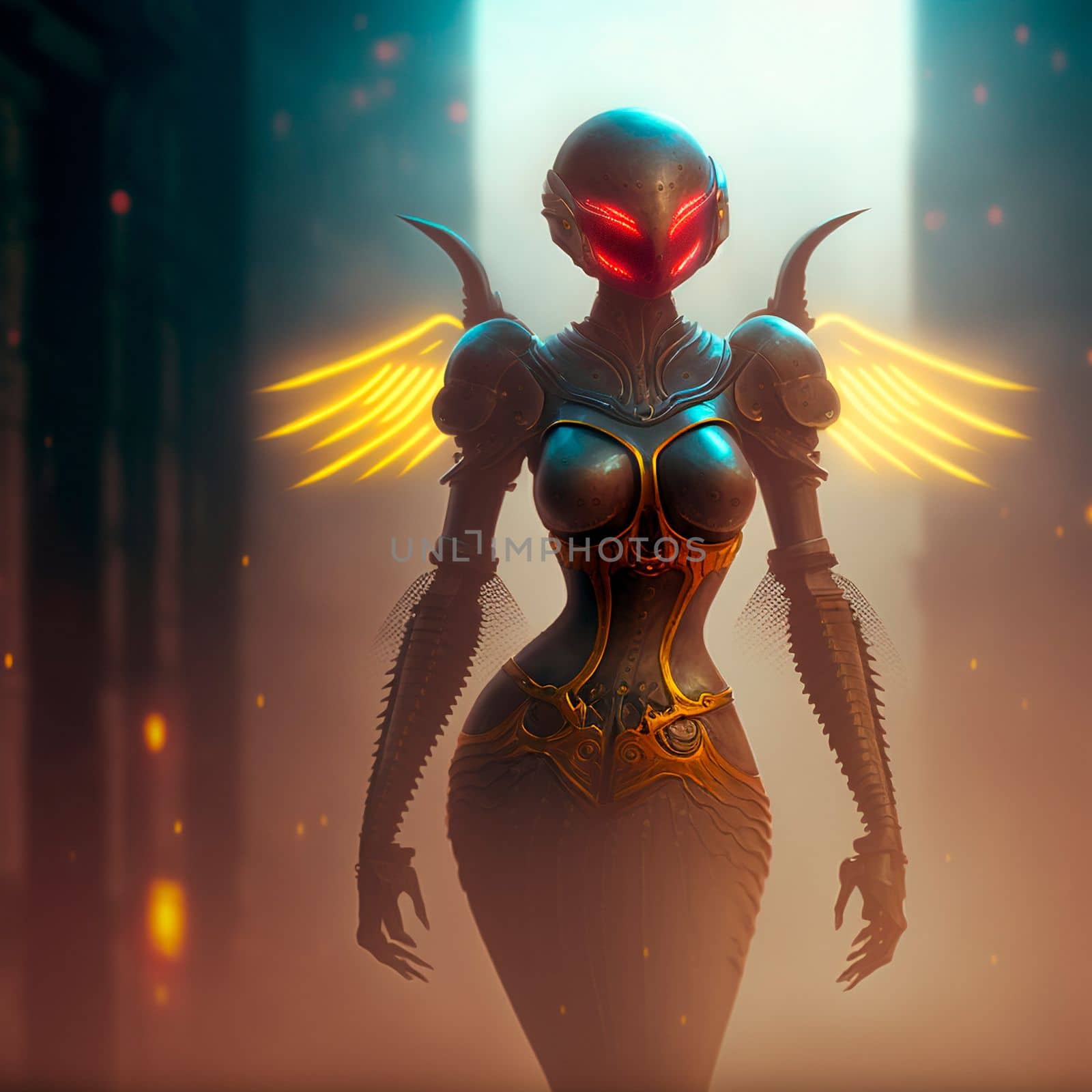 Mysterious cyborg woman with golden wings by NeuroSky